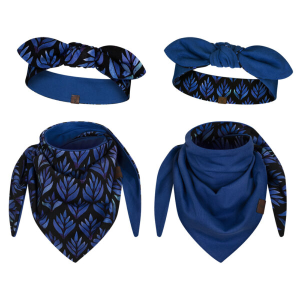 komplet dwustronny dziecięcy opaska z kokardką i apaszka, kobaltowe liście-kobalt