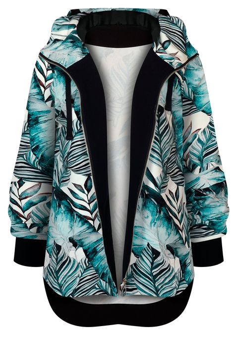 Bluza na suwak Long Back, turkusowe jasne liście