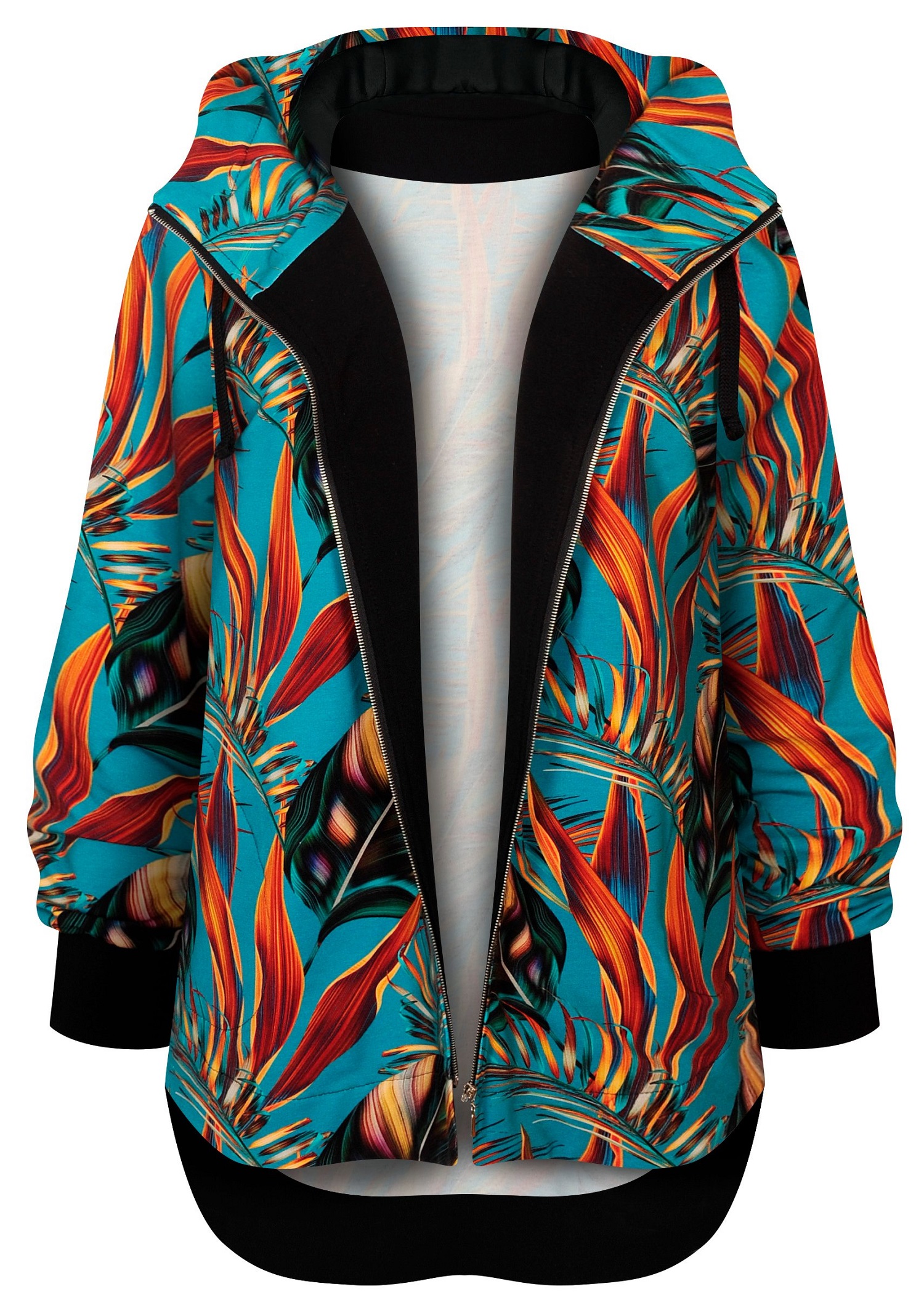 Bluza na suwak Long Back, turkusowe, ciemne liście