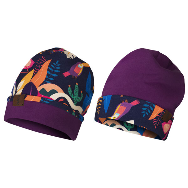 Czapka dwustronna, gruba, kolibry-fiolet