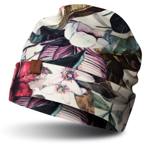 Czapka beanie, wywijana, hawajskie kwiaty