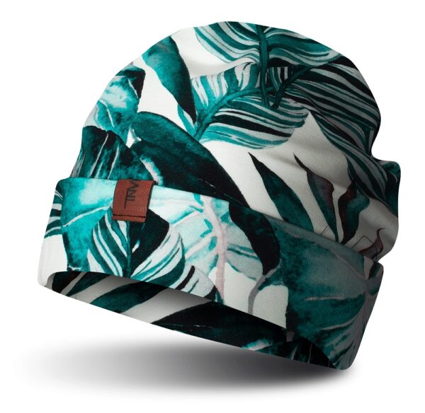 Czapka beanie, wywijana, turkusowe jasne liście