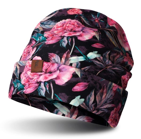 Czapka beanie, wywijana, różowe kwiaty