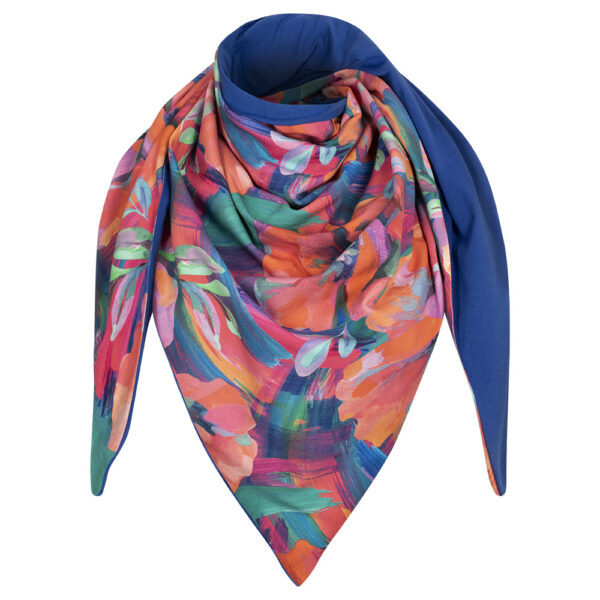 Chusta cienka dwustronna z bawełny pastelowe kwiaty + kobalt