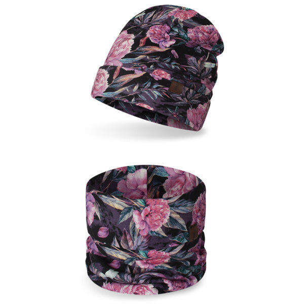 Komplet dziecięcy czapka+ komin, różowe kwiaty