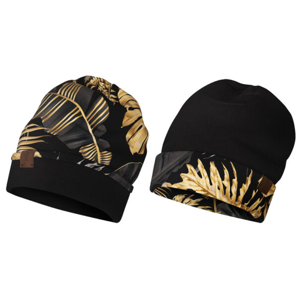 Czapka dwustronna, gruba, złote liście-czarny