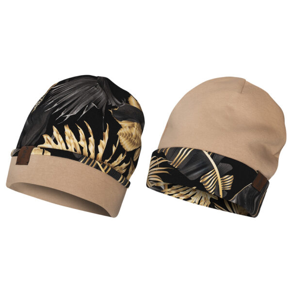 Czapka dwustronna, gruba, złote liście-beż