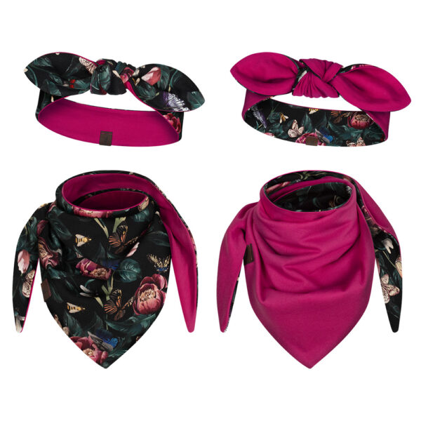 komplet dwustronny dziecięcy opaska z kokardką i apaszka, Francja-malina