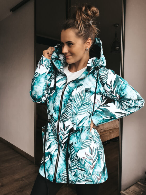 Kurtka ciepła z tunelem, turkusowe jasne liście