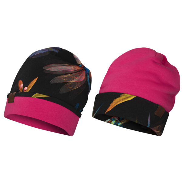 Czapka dwustronna, gruba, ważki-malina