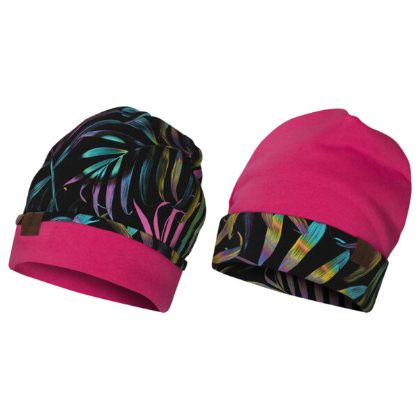 Czapka dwustronna, gruba, palmy-malina