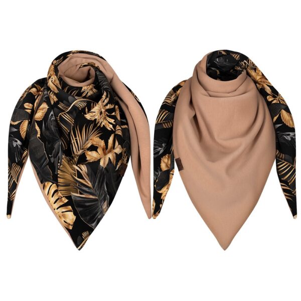 Chusta gruba dwustronna kolorowa, złote liście-beż