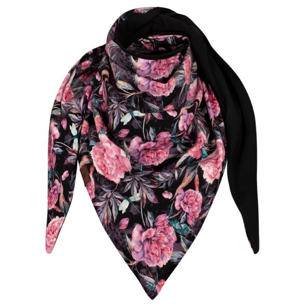 Chusta cienka dwustronna z bawełny, różowe kwiaty-czarny