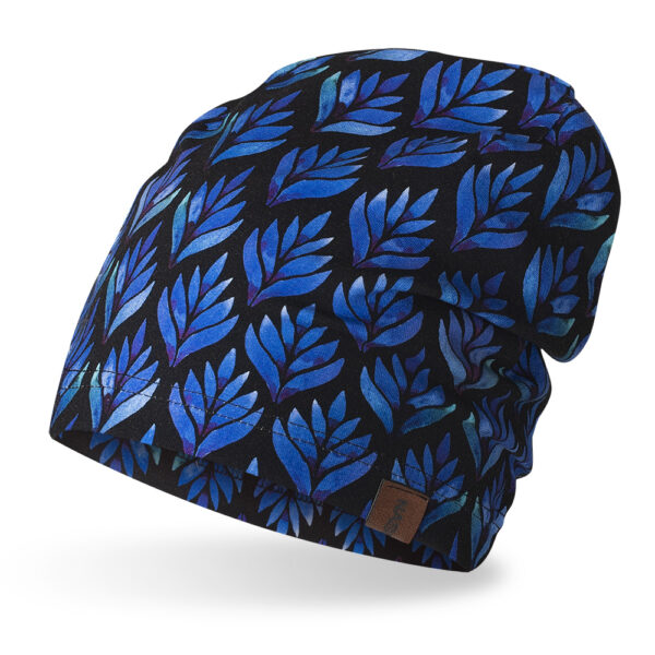Czapka cienka bawełniana kobaltowe liście