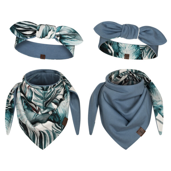 komplet dwustronny dziecięcy opaska z kokardką i apaszka, turkusowe jasne-jeans