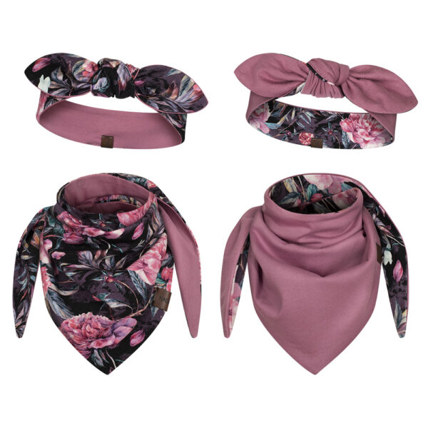 komplet dwustronny dziecięcy opaska z kokardką i apaszka, różowe kwiaty-róż