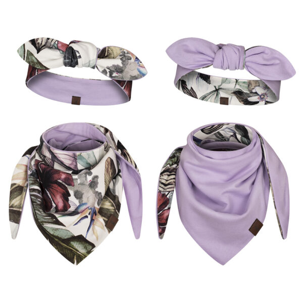 komplet dwustronny dziecięcy opaska z kokardką i apaszka hawajskie kwiaty-lila