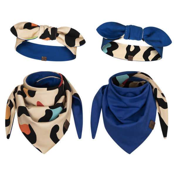 komplet dwustronny dziecięcy opaska z kokardką i apaszka gepard-kobalt