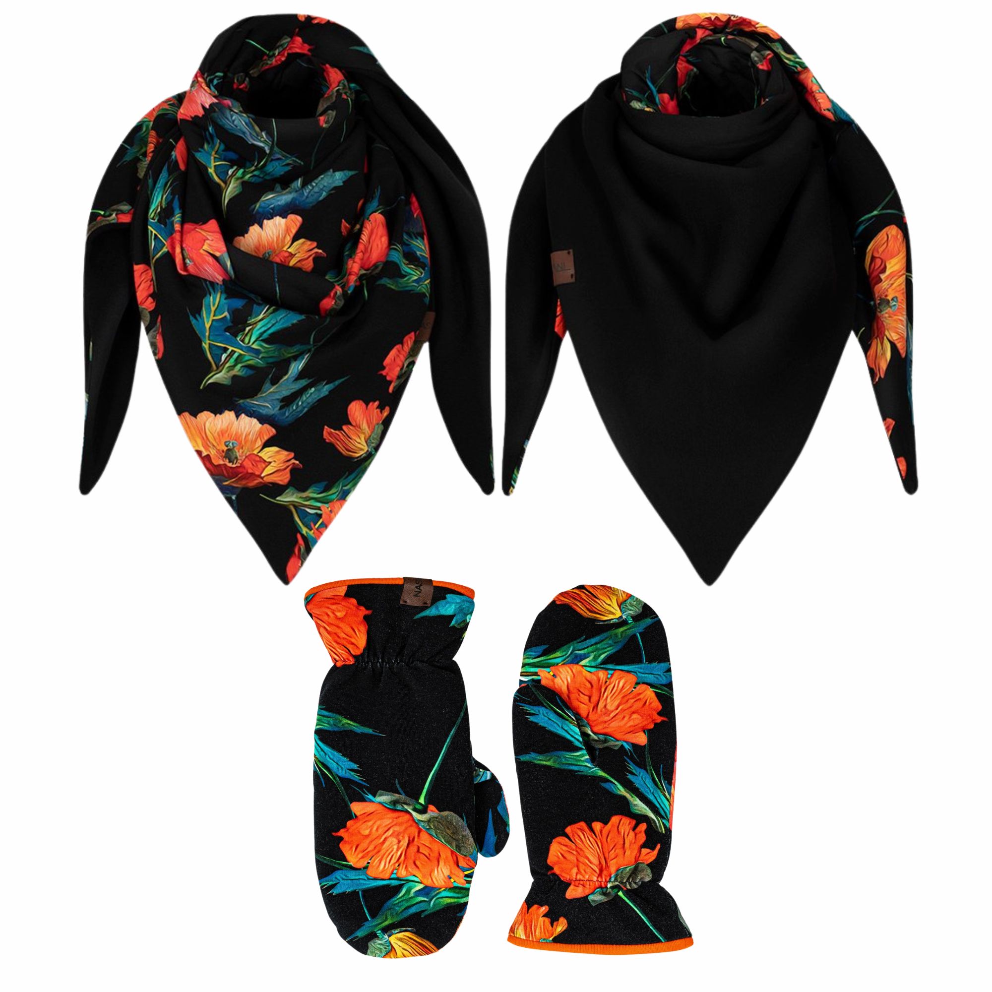 Komplet gruba chusta+rękawiczki maki-czarny