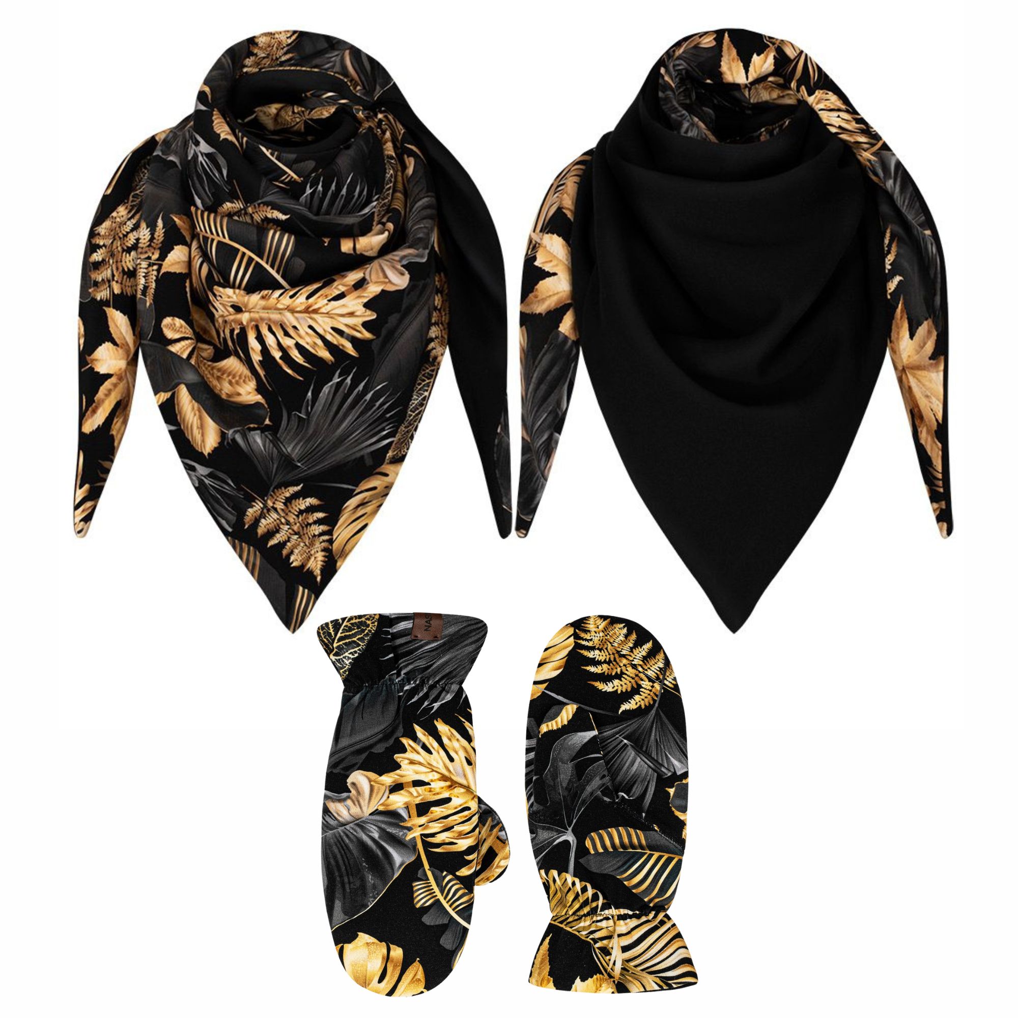 Komplet gruba chusta+rękawiczki złote liście-czarny