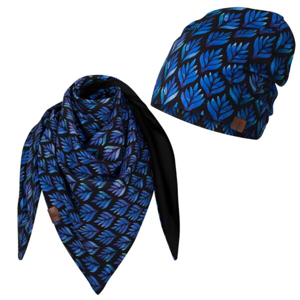 Kolorowy cienki komplet czapka + chusta produkt polski kobaltowe liście