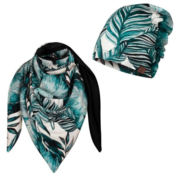 Komplet cienka czapka + chusta produkt polski turkusowe liście-czarny