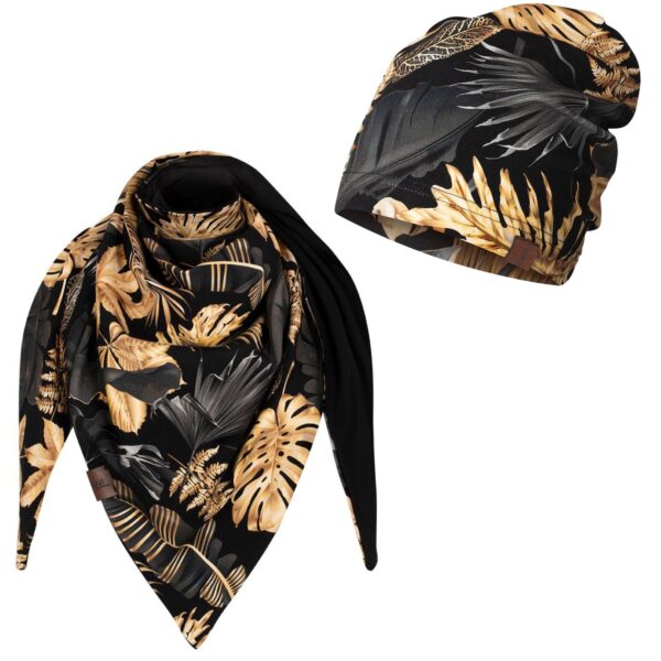 Komplet cienki czapka + chusta produkt polski złote liście-czarny