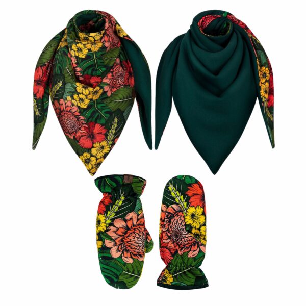 Komplet gruba chusta+rękawiczki dalia-butelkowa zieleń