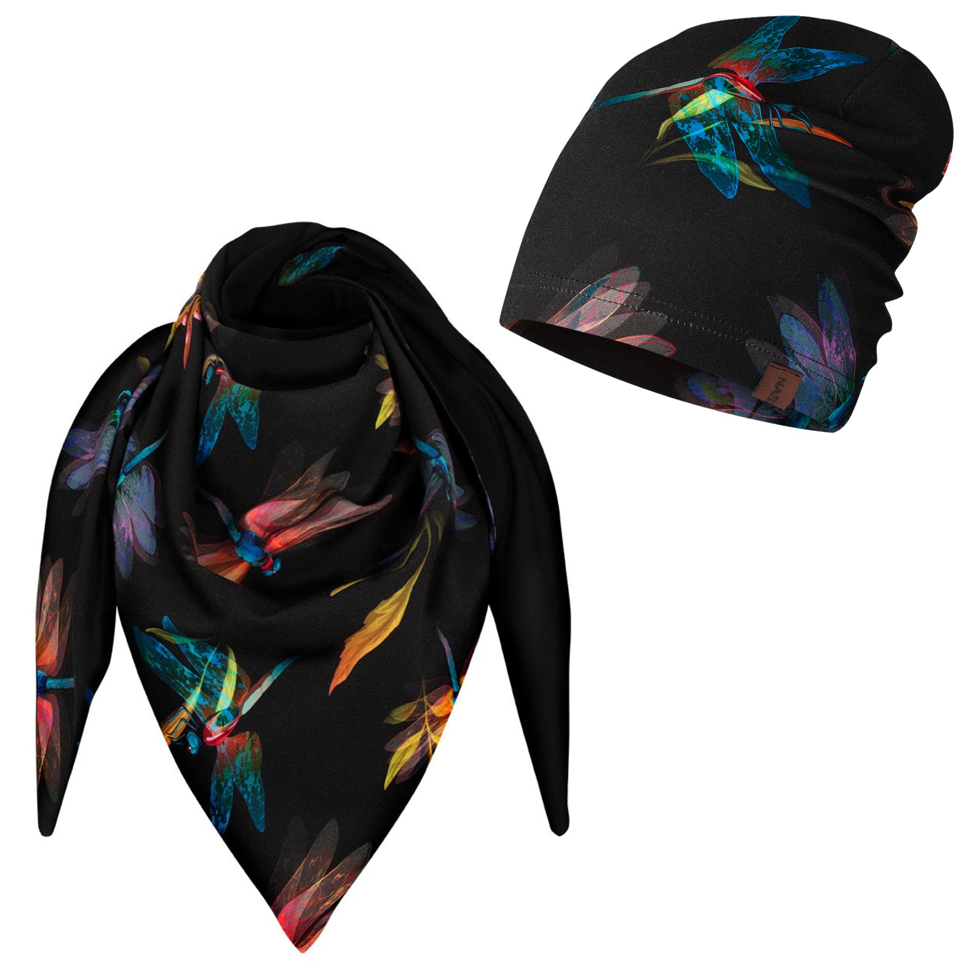 Komplet cienka czapka + chusta ważki-czarny