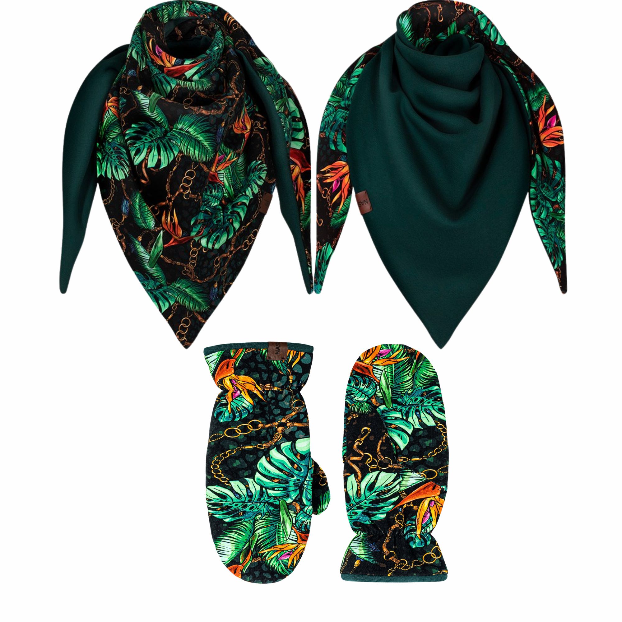 komplet gruba chusta+rękawiczki złote łańcuchy- butelkowa zieleń