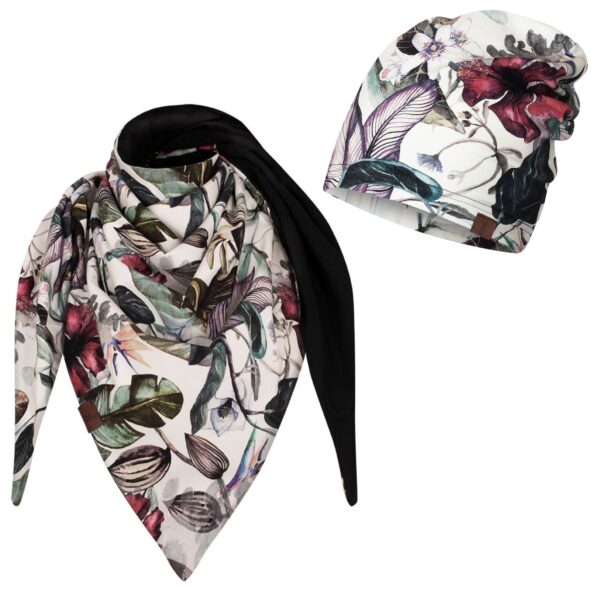 Komplet cienka czapka + chusta, hawajskie kwiaty-czarny