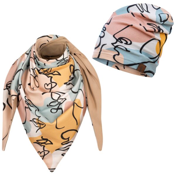 Komplet cienka czapka + chusta twarze-beż