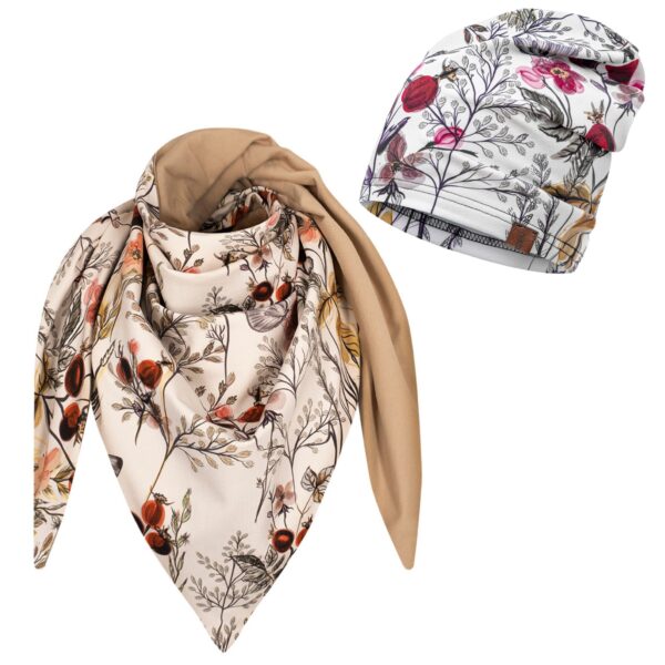 Komplet cienka-czapka + chusta dzika róża-beż