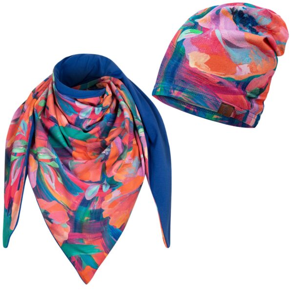 Komplet cienka czapka + chusta pastelowe kwiaty-kobalt