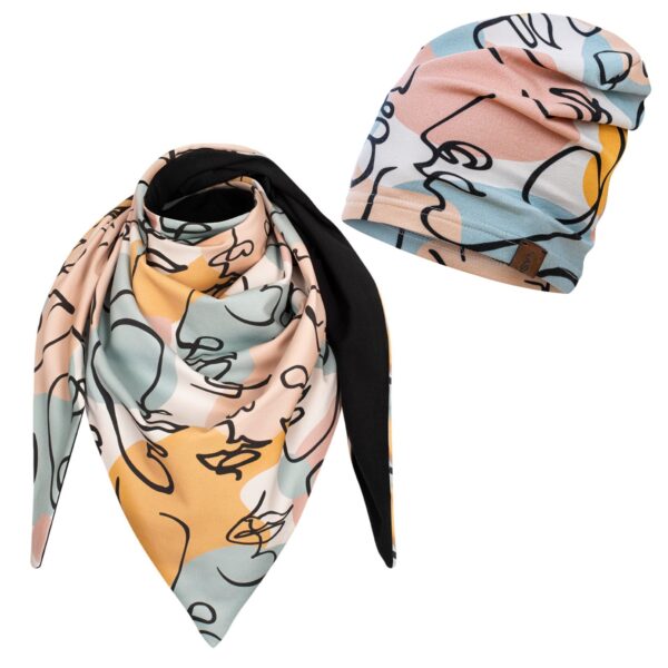 Komplet czapka cienka + chusta twarze-czarny