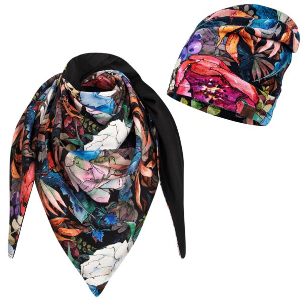 Komplet cienka czapka + chusta piwonie-czarny