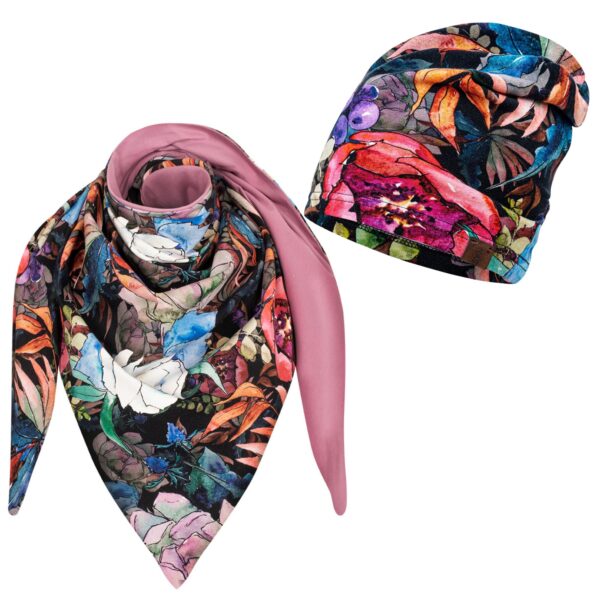 Komplet cienka czapka + chusta piwonie-róż