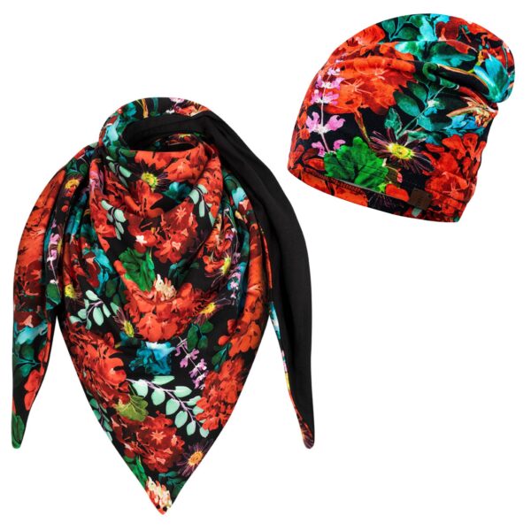 Komplet cienka czapka + chusta, czerwone kwiaty-czarny