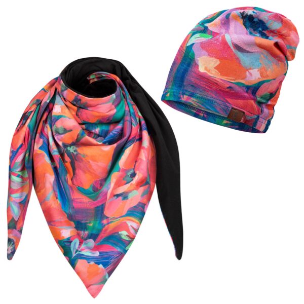 Komplet cienka czapka + chusta pastelowe kwiaty-czarny