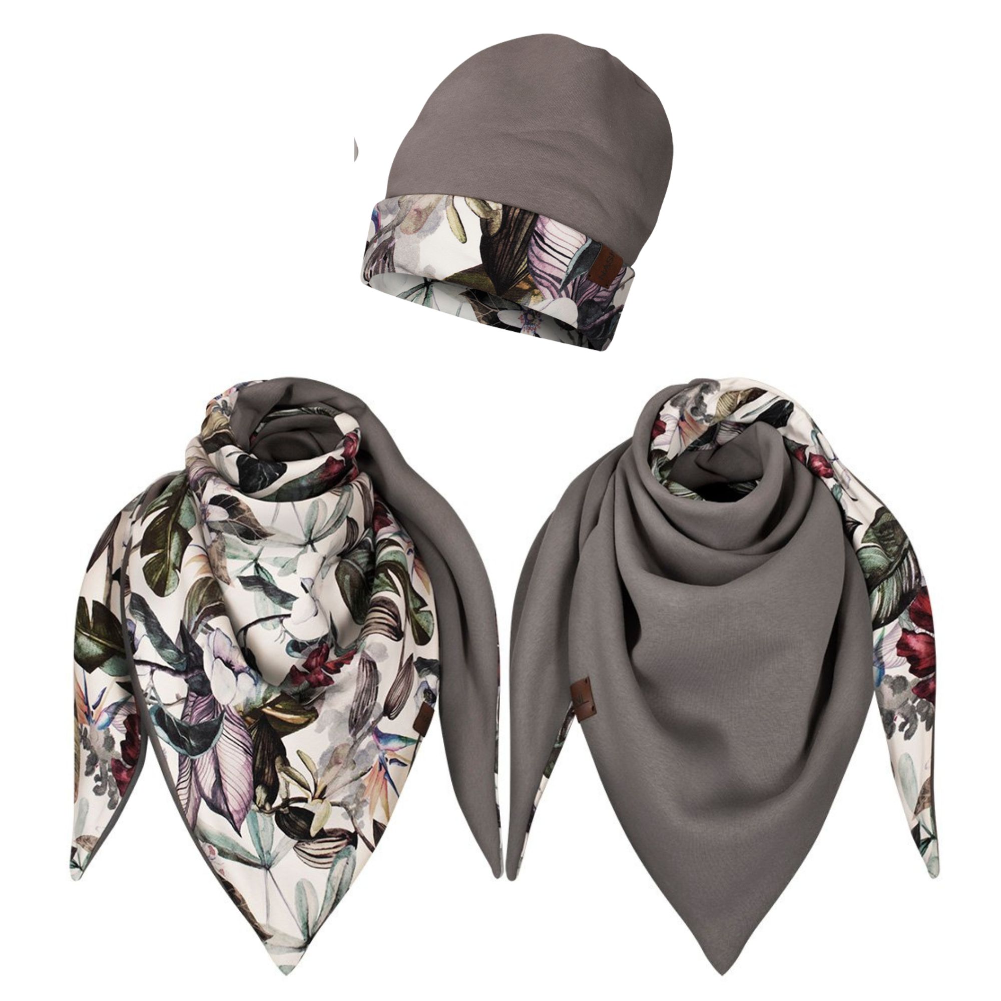 Komplet gruba chusta+czapka hawajskie kwiaty-popiel