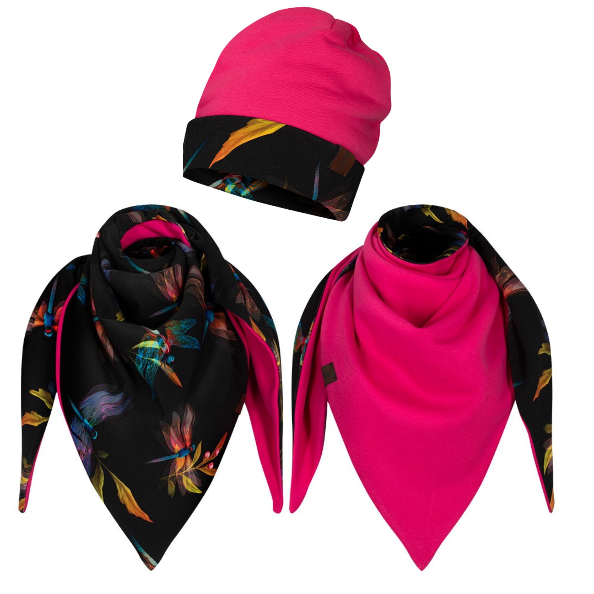 Komplet gruba chusta+czapka ważki-malina