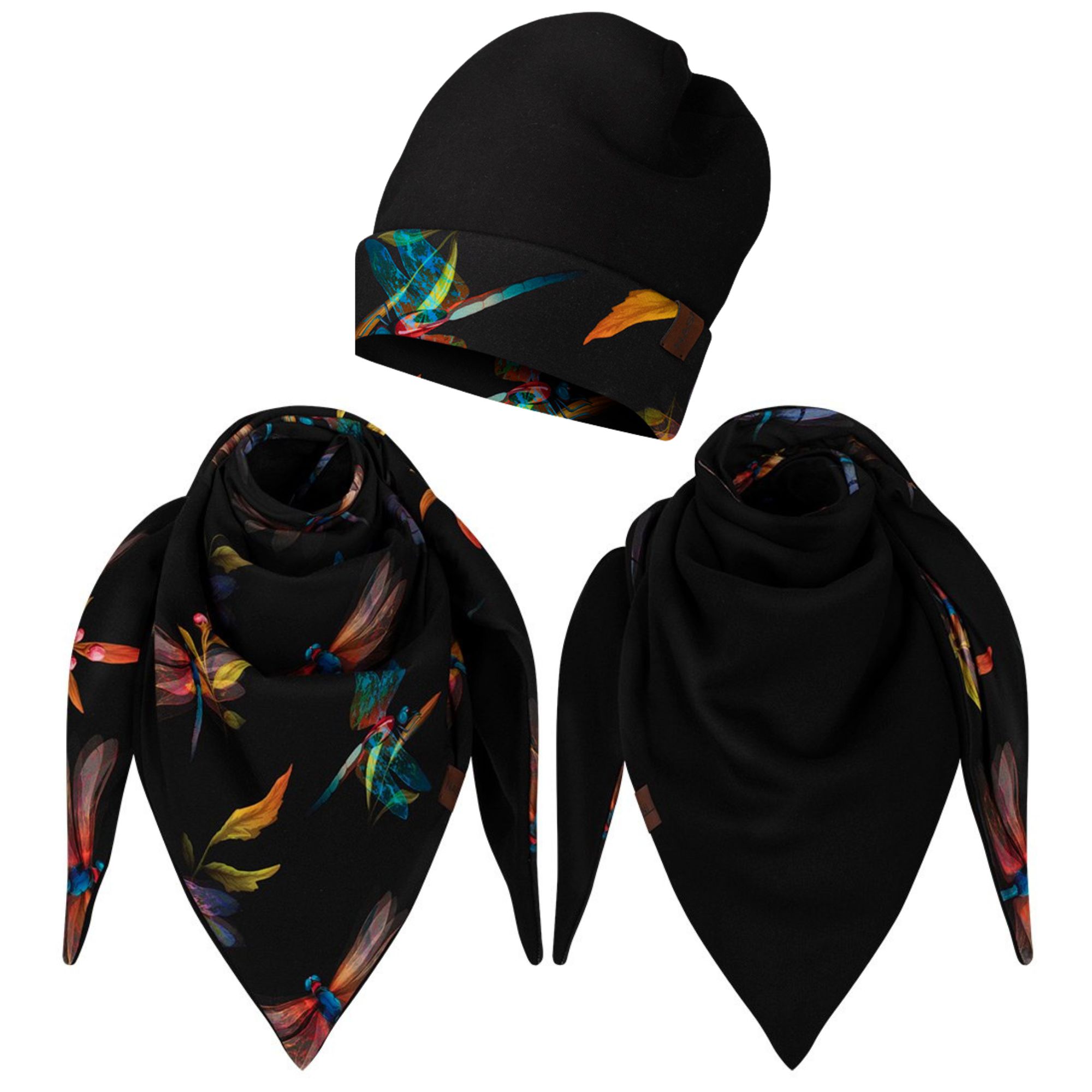 Komplet gruba chusta+czapka ważki-czarny