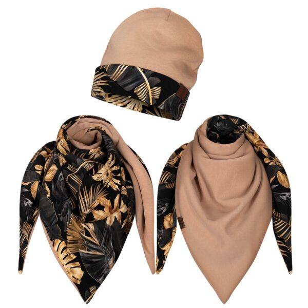 Komplet gruba chusta+czapka złote liście-beż