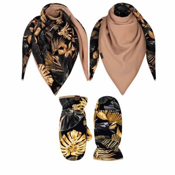 Komplet gruba chusta+rękawiczki złote liście - beż