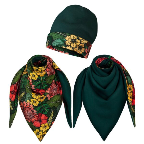 Komplet gruba chusta+czapka dalia-butelkowy zielony