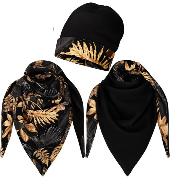 Komplet gruba chusta+czapka złote liście-czarny