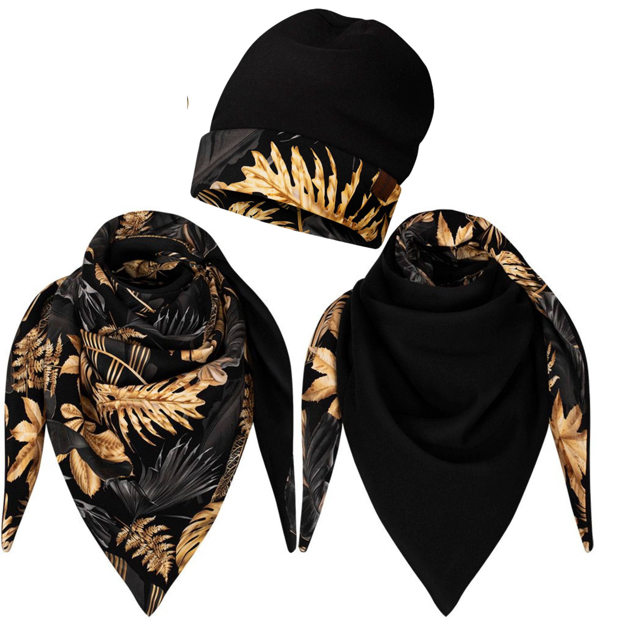 Komplet gruba chusta+czapka złote liście-czarny