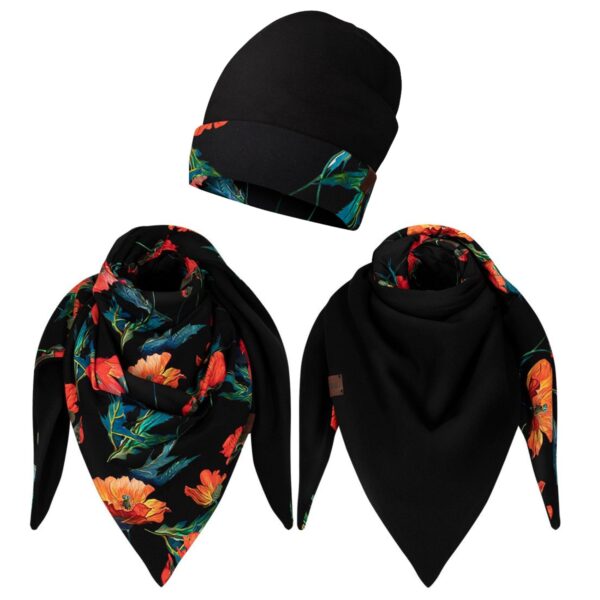 Komplet gruba chusta+czapka maki-czarny