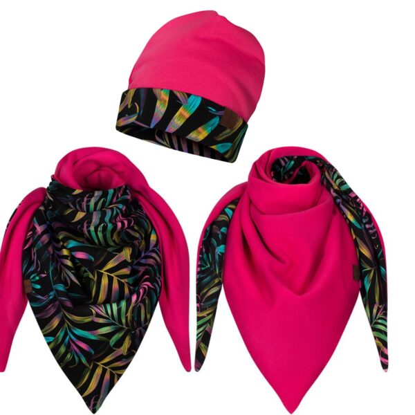 Komplet gruba chusta+czapka palmy-malina