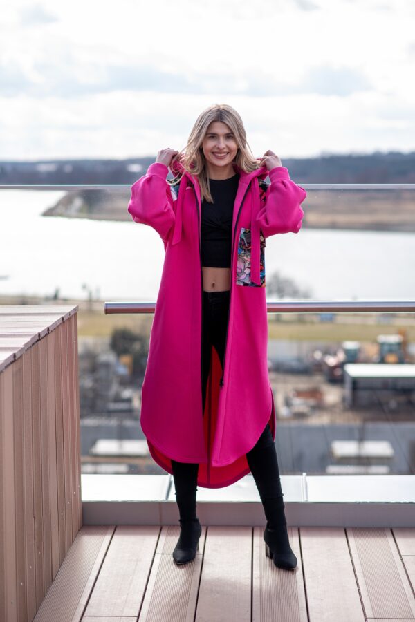 Bluzopłaszcz z kapturem a'la koszula malina-piwonie